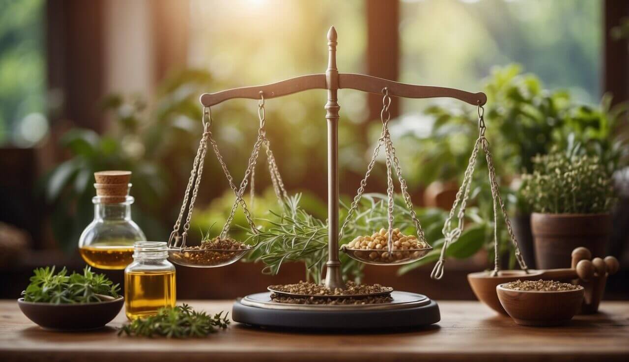 A balanced scale with various natural remedies (e.g. herbs, essential oils) surrounding it, indicating their potential to reduce snoring