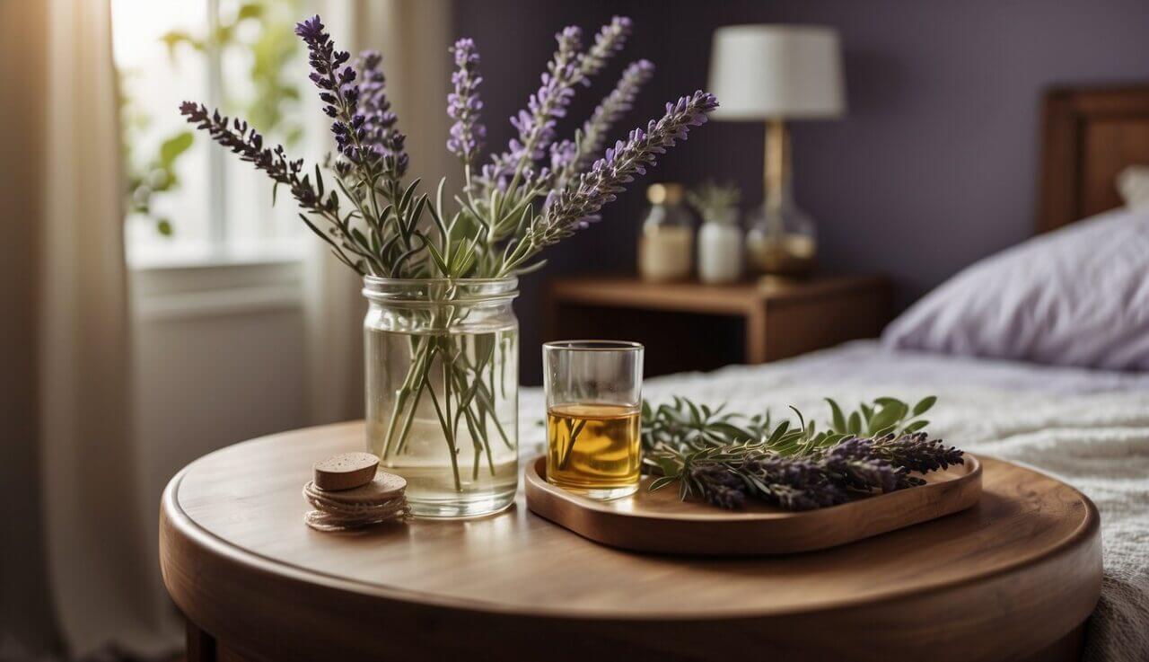 A peaceful bedroom with a glass of water on the bedside table, surrounded by natural remedies like lavender, eucalyptus, and chamomile