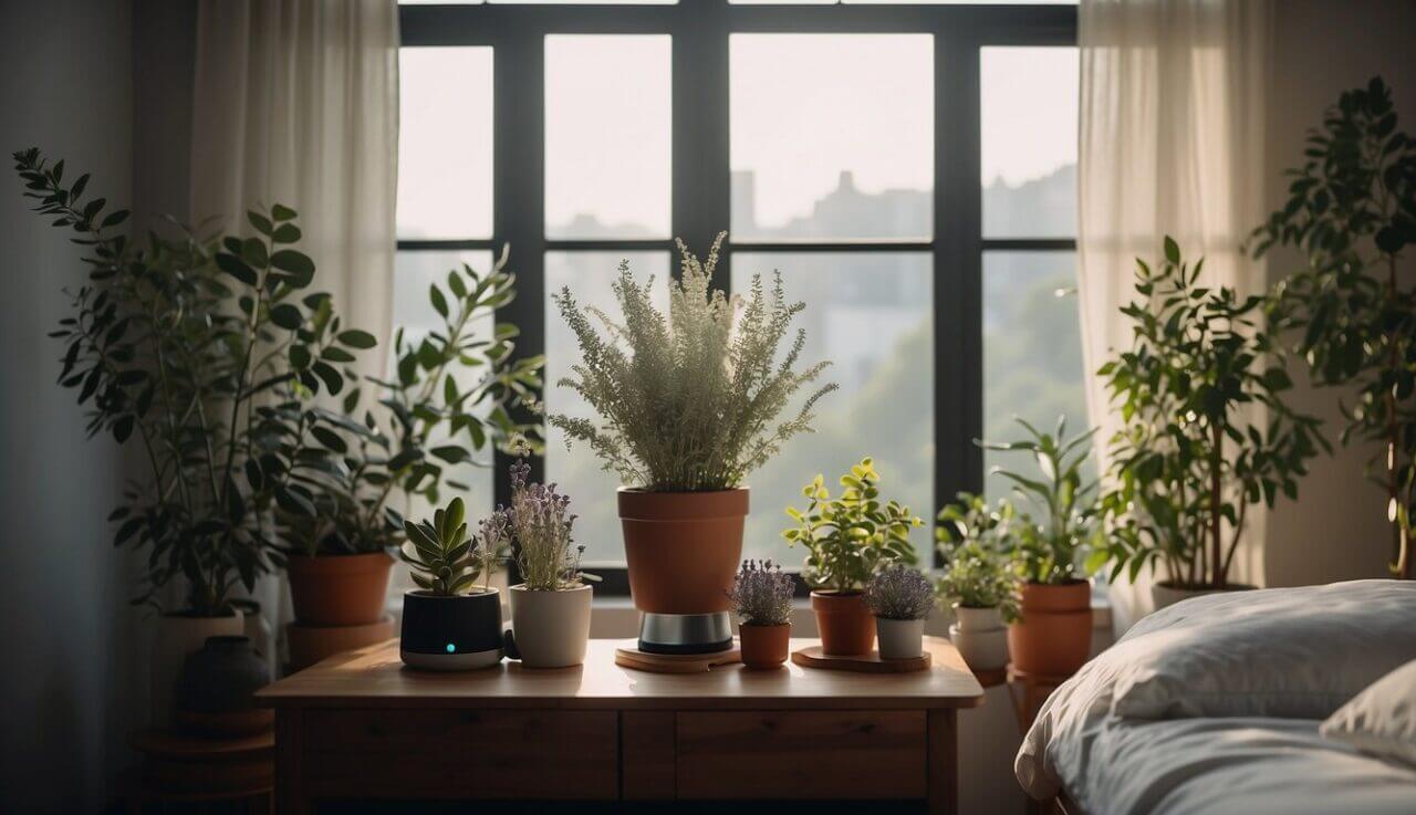 A serene bedroom with open windows, a humidifier, and various plants like eucalyptus and lavender. A person is not present in the scene