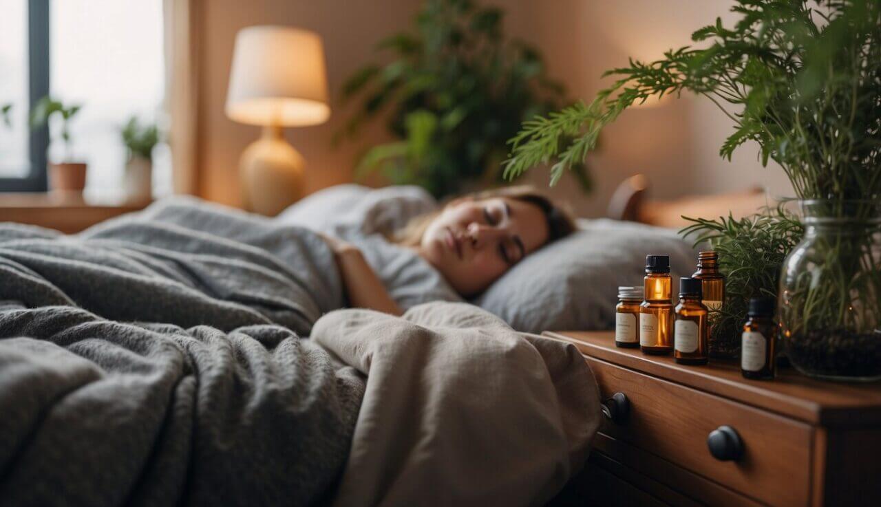 A cozy bedroom with a person sleeping on their side, surrounded by natural remedies like essential oils, a humidifier, and herbal teas