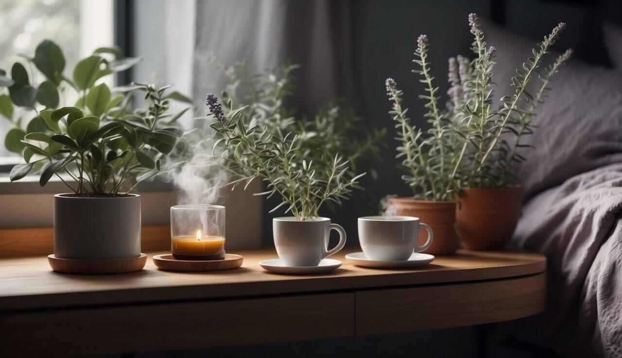 A peaceful bedroom with open windows, a humidifier, and various plants like eucalyptus and lavender. A cup of herbal tea sits on the nightstand