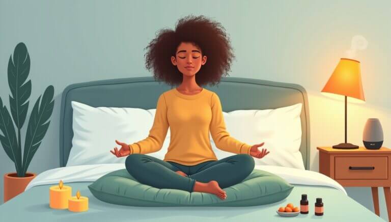 Woman meditating on a bed, surrounded by candles and essential oils