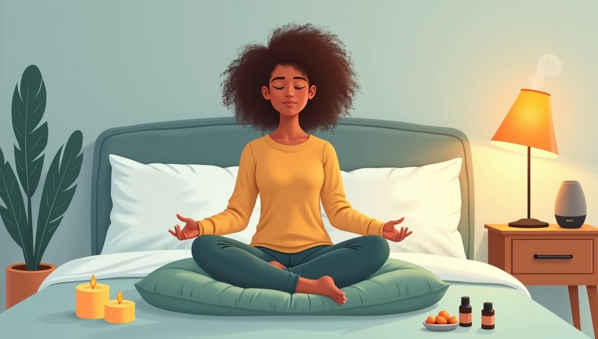 Woman meditating on a bed, surrounded by candles and essential oils