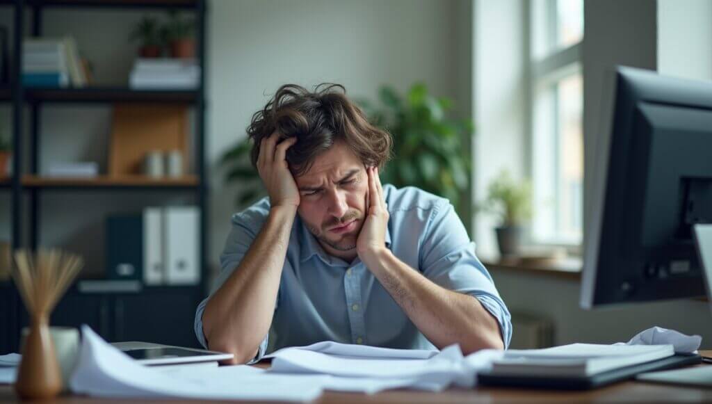 Stressed man at desk with paperwork in a modern office