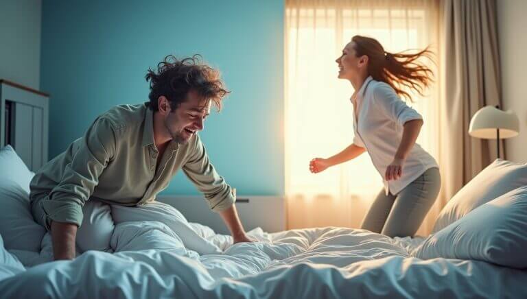 Joyful couple playing on a bed in a sunlit room